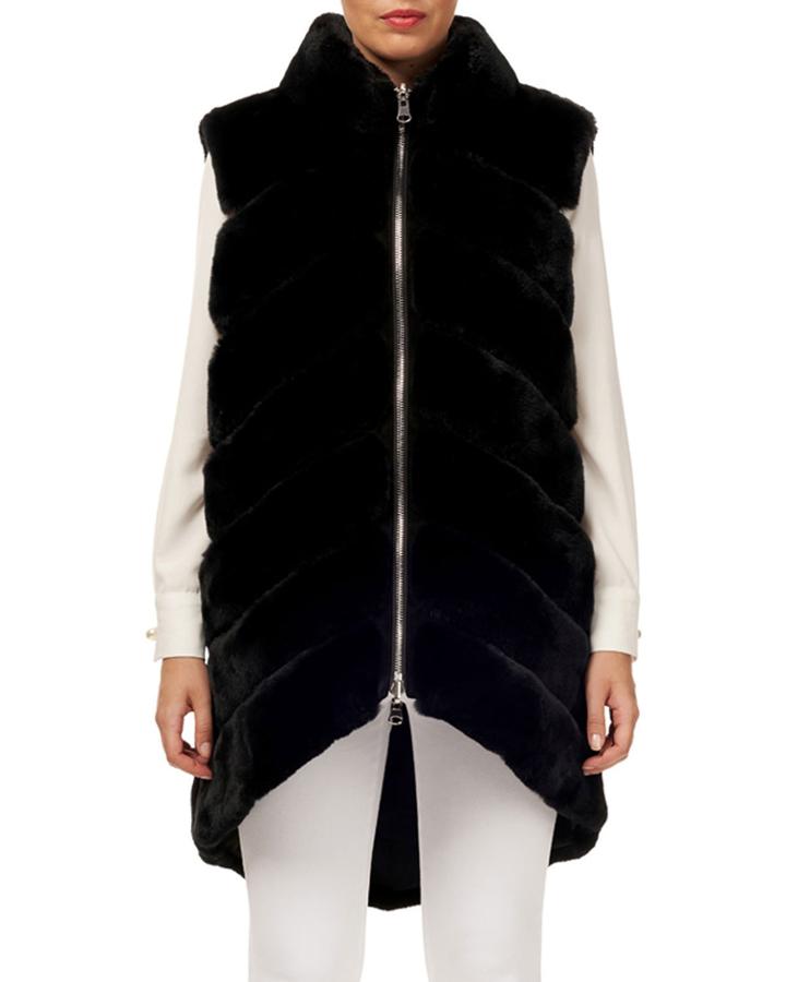 Rex Rabbit Fur Reversible Taffeta Zip-front Vest W/arched Hem