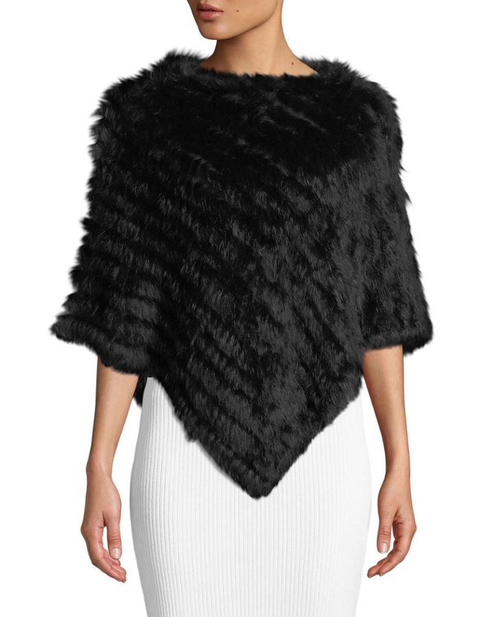 Rabbit Fur And Knit Poncho, Black