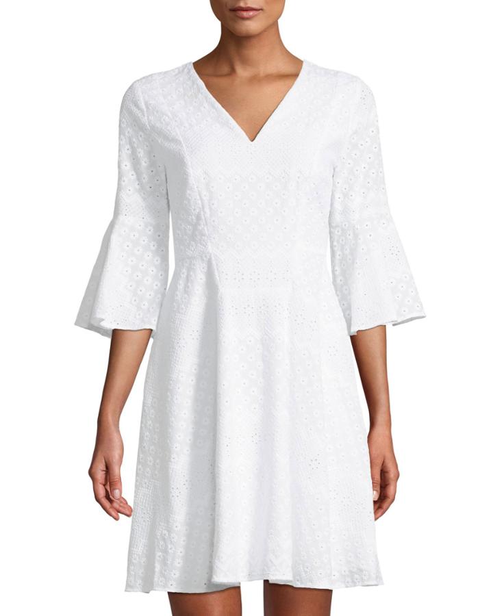 3/4-bell-sleeve Eyelet A-line Dress