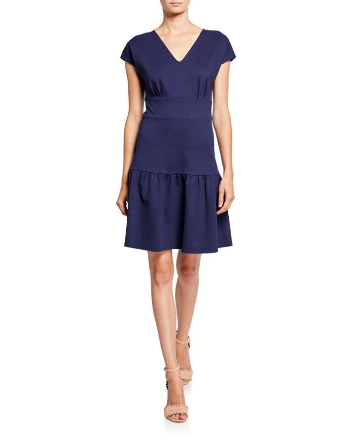 V-neck Cap-sleeve Ponte Flounce Dress