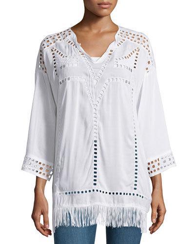 Bottega Eyelet Fringe-trim Tunic, White