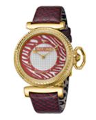 38mm Zebra Leather Watch, Burgundy/gold