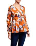 Floral V-neck Balloon Sleeve Flared Top