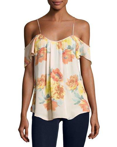 Adorlee Cold-shoulder Floral-print Silk Top, Orange