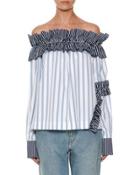 Off-the-shoulder Striped Shirting Top, Blue