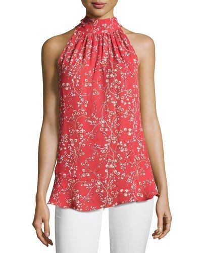 Printed Habutai Crepe Blouse, Orange/white