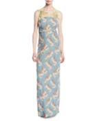 Delicia Sleeveless Jeweled-yoke Ginkgo-print Column Evening Gown