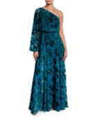 Devore One-shoulder Gown With Balloon-sleeve & Full