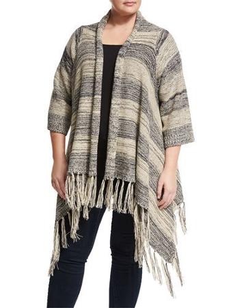 Fringed-hem Cardigan Sweater, Navy/off White,