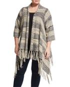 Fringed-hem Cardigan Sweater, Navy/off White,