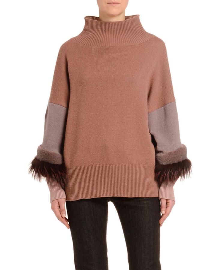 Mink-fur Trim Cashmere Mock-neck