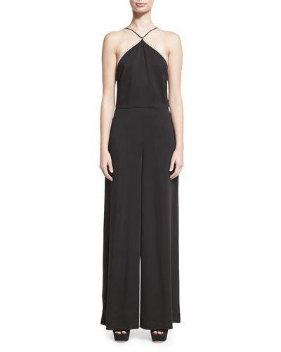 Sleeveless Stretch Crepe Wide-leg Jumpsuit, Black