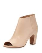 Leather Open-toe Curved-heel Bootie, Beige