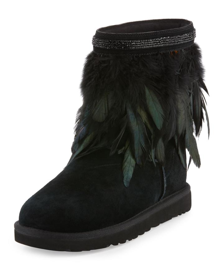 Classic Short Feather-trim Boot, Black