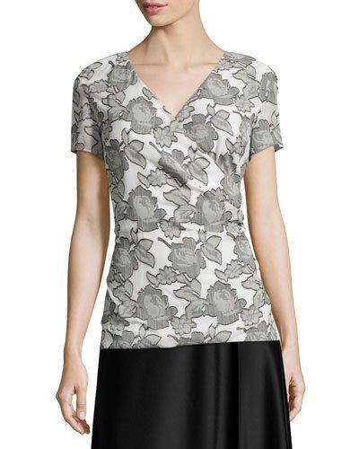 Metallic Blossom Faux-wrap Blouse, Bianco/caviar