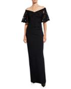 Off-the-shoulder Embroidered Short-sleeve Crepe Column Gown