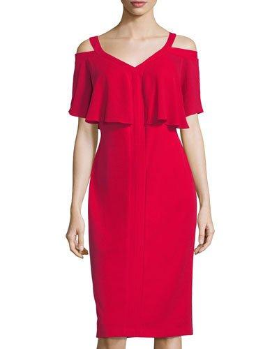 Cold-shoulder Midi Sheath Dress W/ Flutter