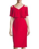 Cold-shoulder Midi Sheath Dress W/ Flutter