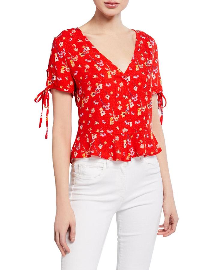 Floral Print Button-front Tie-sleeve Top