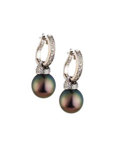 14k Tahitian Pearl & Diamond Hoop Drop Earrings