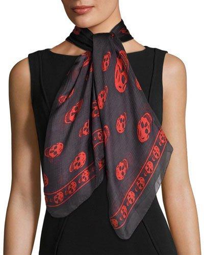 Skull-print Silk Scarf, Gray/orange
