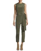 Jewel-neck Sleeveless Straight-leg Belted Jumpsuit