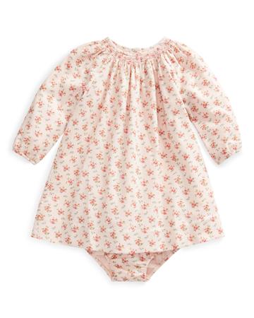Floral-print Smocked Long-sleeve Dress W/ Bloomers, Size