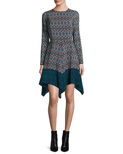 Long-sleeve Printed Silk Handkerchief Dress, Teal