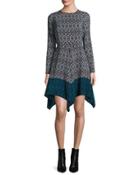 Long-sleeve Printed Silk Handkerchief Dress, Teal