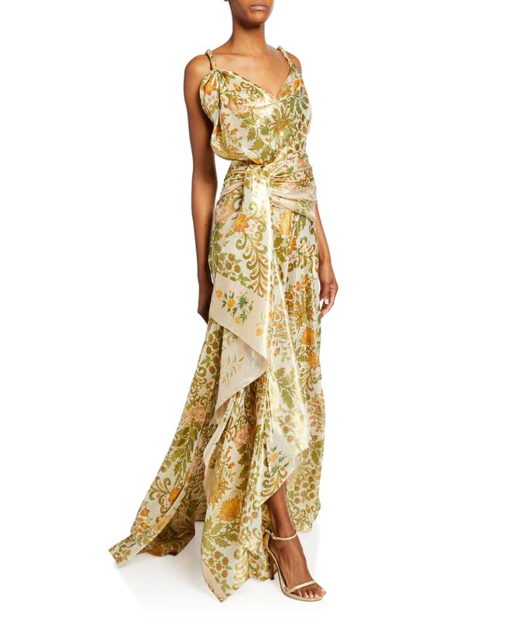 Floral Bouquet Metallic Drape-front Gown