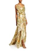 Floral Bouquet Metallic Drape-front Gown