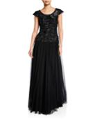Silk Ribbon Scalloped Embroidered Pleated Gown
