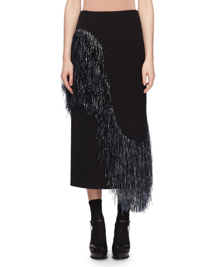 Wave-raffia Fringe Wool-blend Midi Pencil