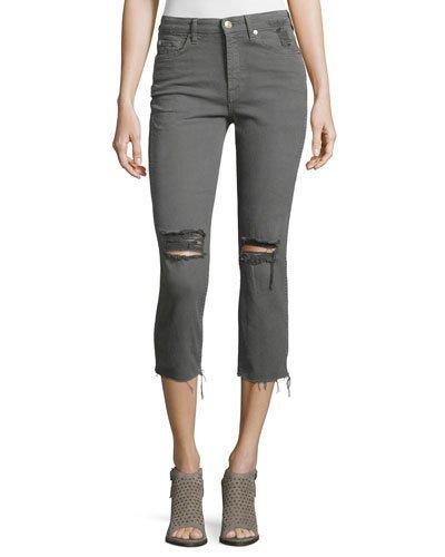 Distressed Cropped Jeans W/raw Hem, Green