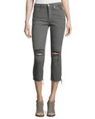Distressed Cropped Jeans W/raw Hem, Green