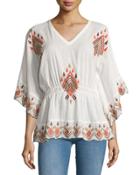 Embroidered Butterfly-sleeve Blouse, Brown