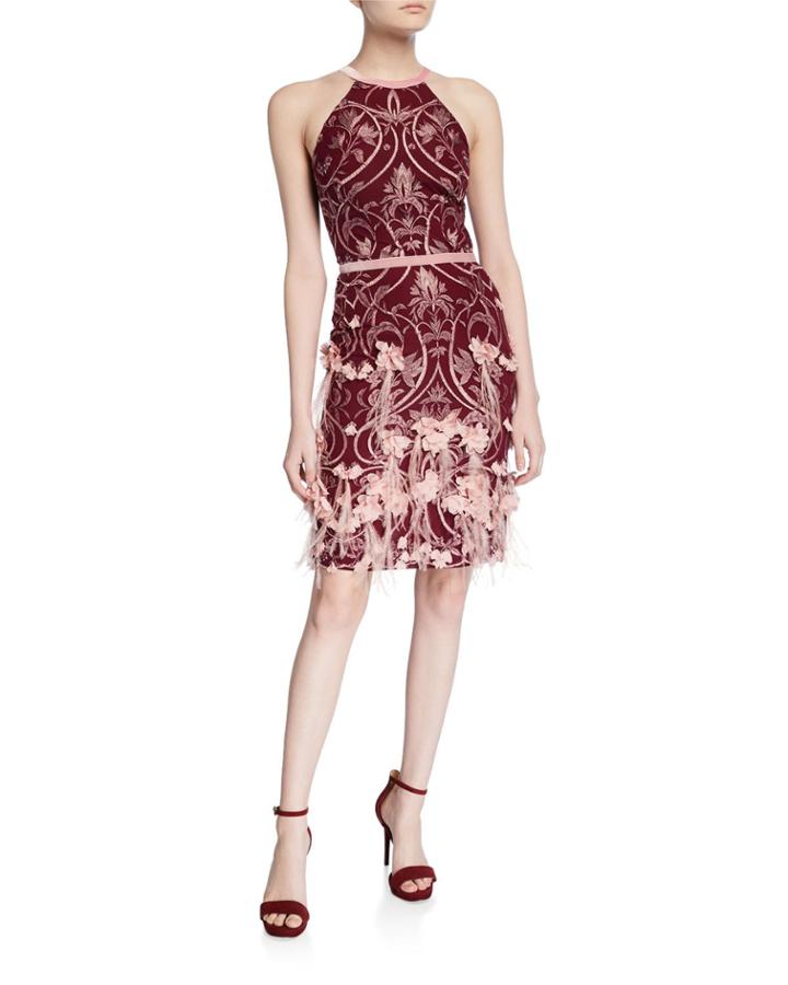 Feather & 3d Flower Halter Dress