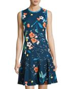 Floral-print Sleeveless A-line Dress, Blue Pattern