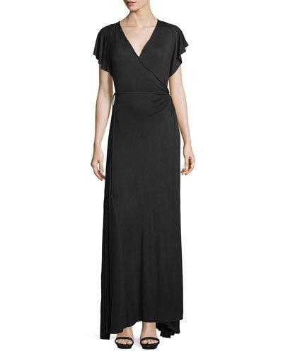 Short-sleeve Maxi Wrap Dress, Black
