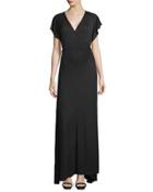 Short-sleeve Maxi Wrap Dress, Black