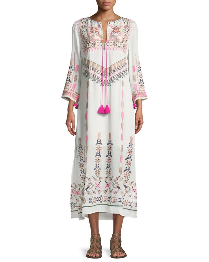 Josefina Split-neck 3/4-sleeve Embroidered Kaftan Dress