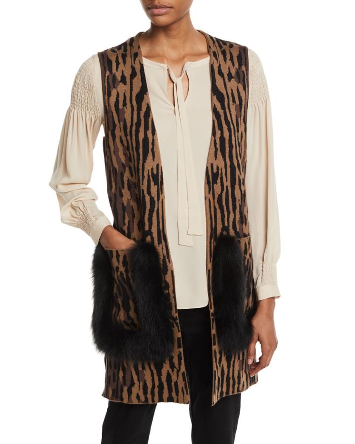 Ginette Animal-print Sweater Vest With Fur Trim