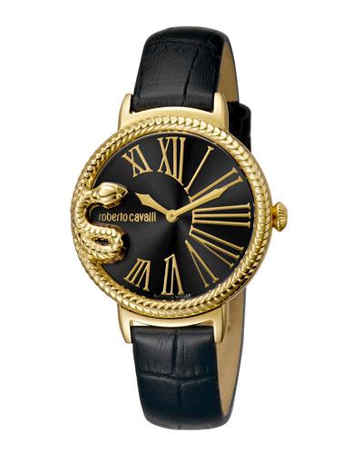 34mm Oversize Snake Watch W/ Leather Strap, Black/golden
