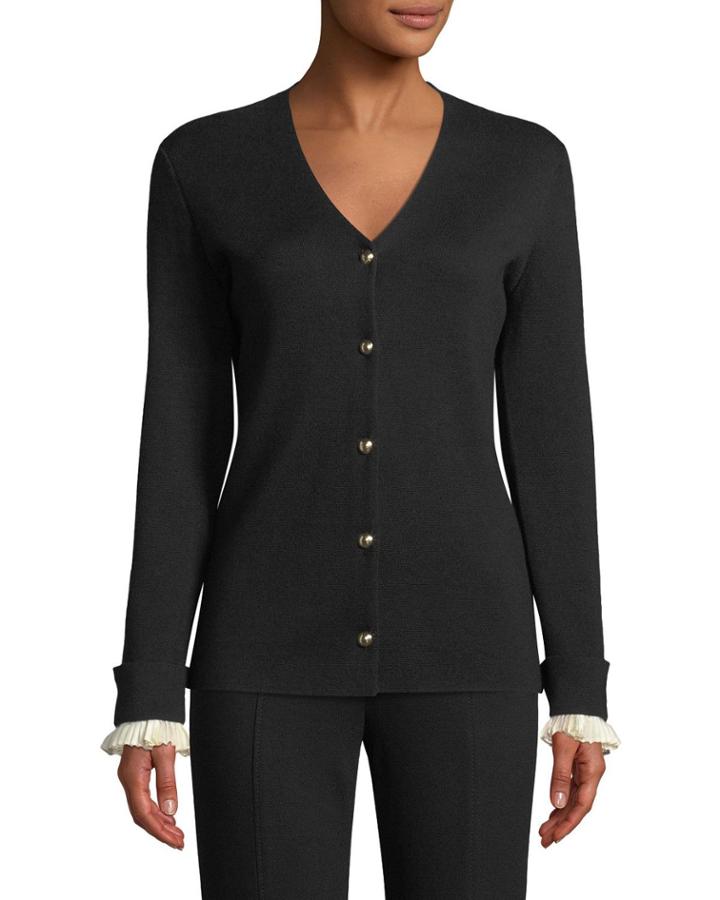 Wool/silk V-neck Cardigan W/ Detachable Cuffs