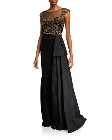 Cap-sleeve Bead Embellished Bodice Gown W/ Taffeta Bow