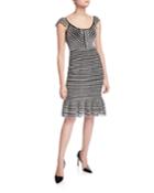 Striped Scalloped Knit Ruffle-hem Dress