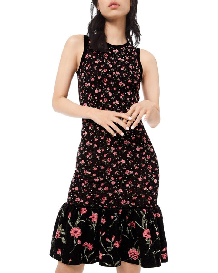 Embellished Floral-print Jersey Flounce Dress
