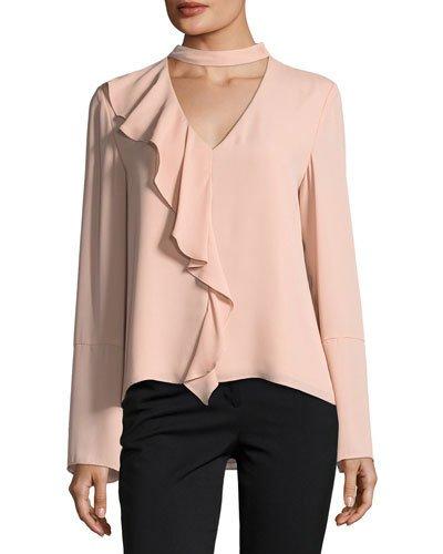 Choker-collar Ruffled Long-sleeve Blouse