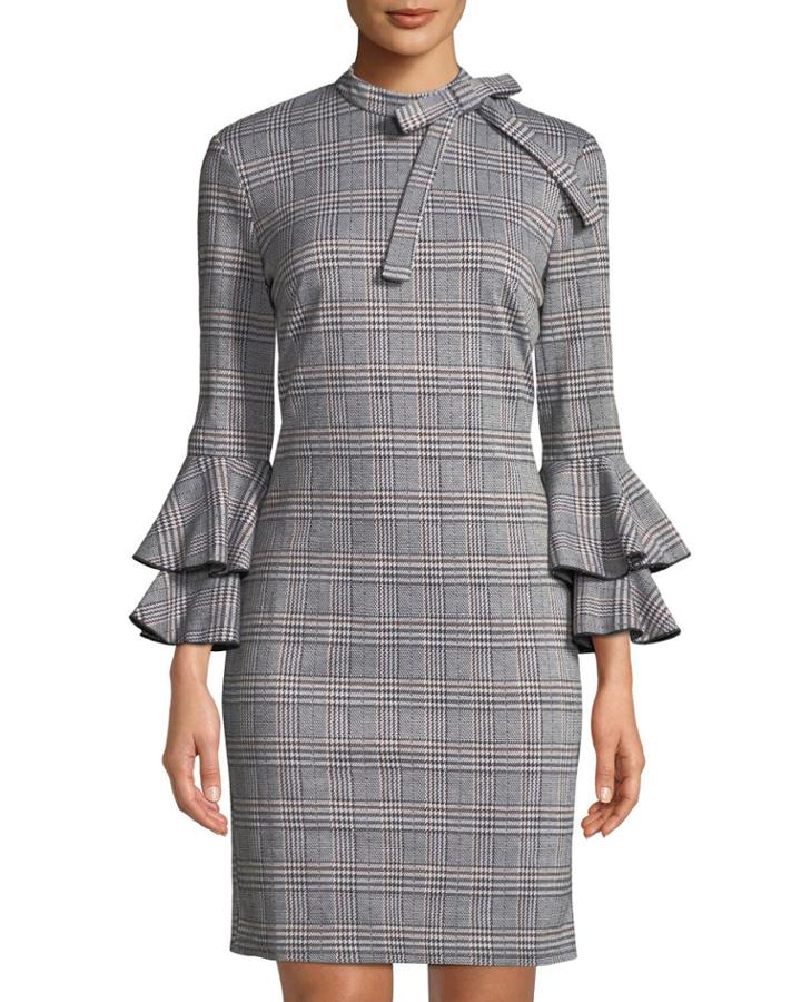Plaid Bell-sleeve Tie-neck