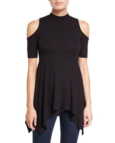Mock-neck Ribbed Handkerchief Tee, Black